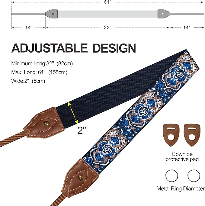Padwa Lifestyle Camera Strap - 2" Wide Crazy Horse Art Cowhide Head,Vintage Jacquard Embroidery Camera Straps for Photographers Gift, Adjustable Shoulder Neck Strap Fits DSLR Cameras(Elegant Blue)