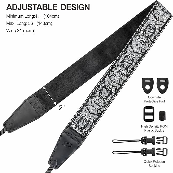 Padwa Lifestyle Gray Flower Camera Strap - 2" Full Grain Leather Ends Camera Straps for Photographers, Vintage Embroidered Cotton Weave Soft Suede Fabric Padded Strap Quick Release fits All Cameras