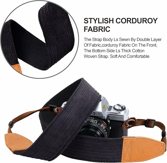 Padwa Lifestyle Black Corduroy Camera Strap - 2" Double Layer Full Grain Cowhide Leather Head Camera Straps for Photographers, Unique Soft Corduroy Fabric with Quick Release fits all Cameras