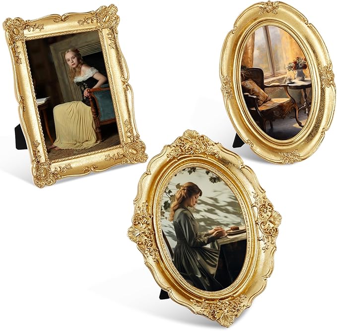 3 Pcs Gold Vintage Picture Frame Set Antique Oval Picture Frames 4x6, 5x7 Inch Baroque Photo Ornate Frames with Glass Gift for Tabletop Hanging Wall Art Wedding Home(Retro Style)