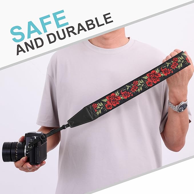 Padwa Lifestyle Camera Strap - 2" Full Grain Leather Ends Camera Straps for Photographers, Vintage Embroidered Cotton Weave Soft Suede Fabric Padded Strap Quick Release fits All Cameras