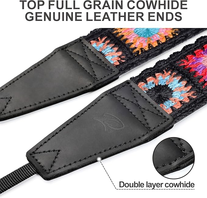 Padwa Lifestyle Colorful Crochet Camera Strap - 2" Full Grain Leather Ends Camera Straps for Photographers, Vintage Embroidered Cotton Soft Suede Fabric Padded Strap Quick Release fits All Cameras
