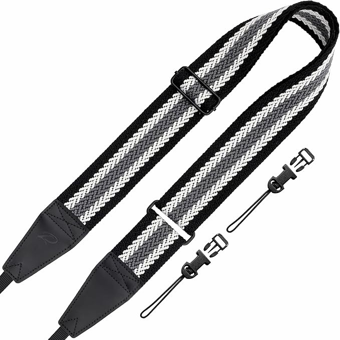 Padwa Lifestyle Adjustable Camera Strap - 2" Top Layer Cowhide Head Camera Straps for Photographers,Soft Cotton Rope Crossbody Strap with Quick Release fits All Cameras - Black Gray Stripes