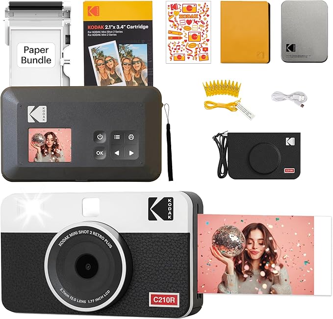 KODAK Mini Shot 2 Retro 4PASS 2-in-1 Instant Digital Camera and Photo Printer (2.1x3.4 inches) Initial 8 Sheets + 30 Sheets Gift Bundle, White