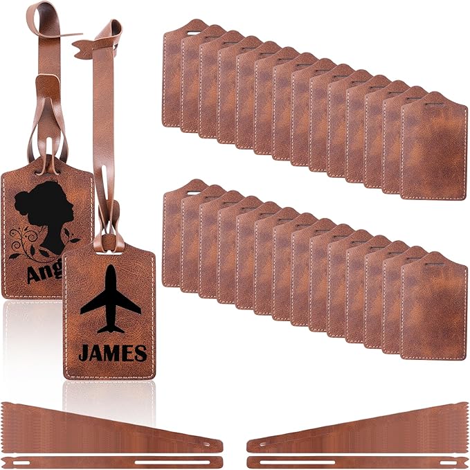 30 Sets Laser Engraving Material - Ideal Laserable Engravable Leatherette Team Gift Group Keepsake - Personalized Lasable Brown Faux PU Leather Name ID Number for Suitcases Bag Backpack Badge