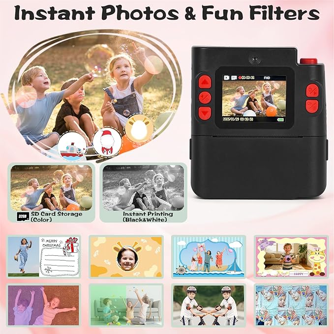 Kids Camera Instant Print, 1080P HD Dual-Lens Selfie Digital Camera with 5 Printing Paper Rolls & 32G TF Card, for Children, Portable Toddler Toy for Age 3-12 Boys & Girls (Black)