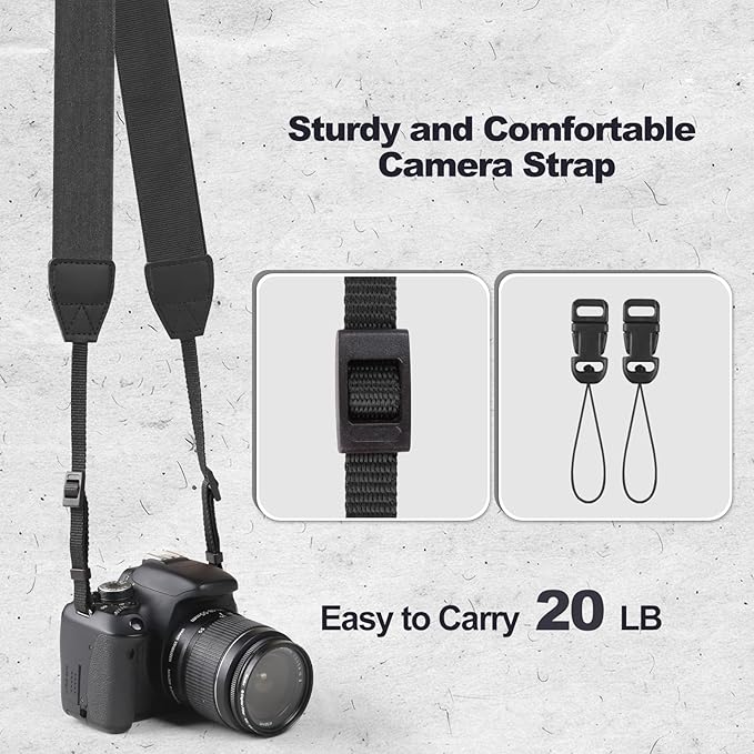 Universal Camera Strap - Camera Neck Strap, Adjustable Shoulder Straps Compatible with Canon, Fujifilm, Nikon, Olympus, Panasonic and other SLR and mirrorless cameras - Black
