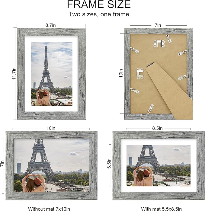7x10 Picture Frame Set of 4, Made of Real Glass and Grey Frame - Display 5.5 x 8.5 Diploma Frame with Mat or 7x10 Without Mat, 7 by 10 Photo for Wall or Tabletop