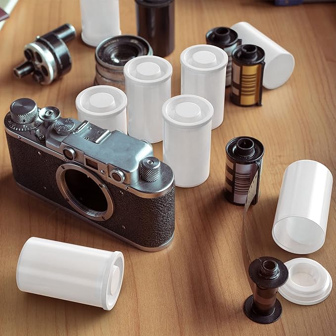 Houseables Film Canisters with Caps, Film Canisters, 35mm Case, Containers with Lids, Cannister for Rockets, Empty Camera Reel Holder, Coin Storage, White, Plastic, Bottle, 8oz, 2"Hx1"W, 60 Pack, Bulk
