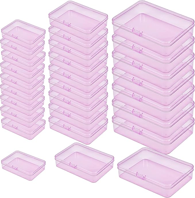 LJY 28-Piece Pink Clear Plastic Storage Containers, 3 Sizes, Stackable Box Organizer for Hardware, Screws, Jewelry Making, Nail Art & Gems, Translucent Pink