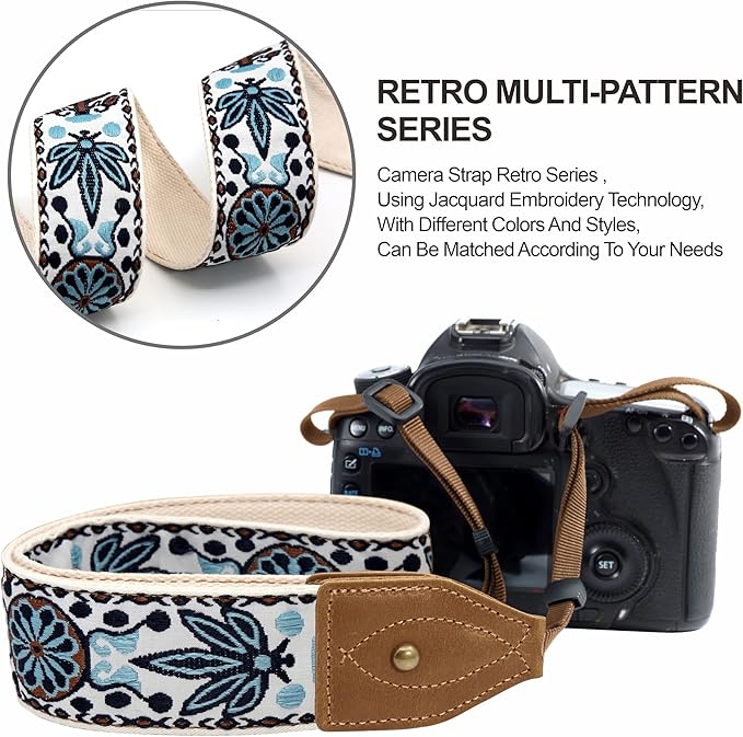 Padwa Lifestyle Camera Strap - 2" Wide Classic Vintage Crazy Horse Arts Cowhide Head Cotton Embroidered Universal Neck Shoulder & Crossbody Camera Straps for Photographers Gift and All DSLR Cameras