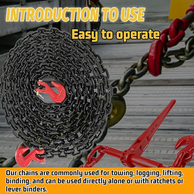 1/4" Log Chain- 20FT Heavy Duty Chain with 3300 Lbs Safety Load |G80 Trailer Binder Safety Chain with G70 Clevis Grab Hooks for Transporting|Towing Truck Tie Down Binding Equipment(EP Black)