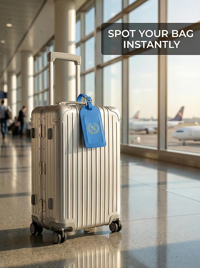 Luggage Tags for Suitcases 6 Pack PU Leather Travel Bag Tags with Privacy Cover & Stainless Steel Buckle, Vegan Leather Name ID Labels for Travel Bags, Cruise, Airline, Backpack, Baggage Identifier(N)