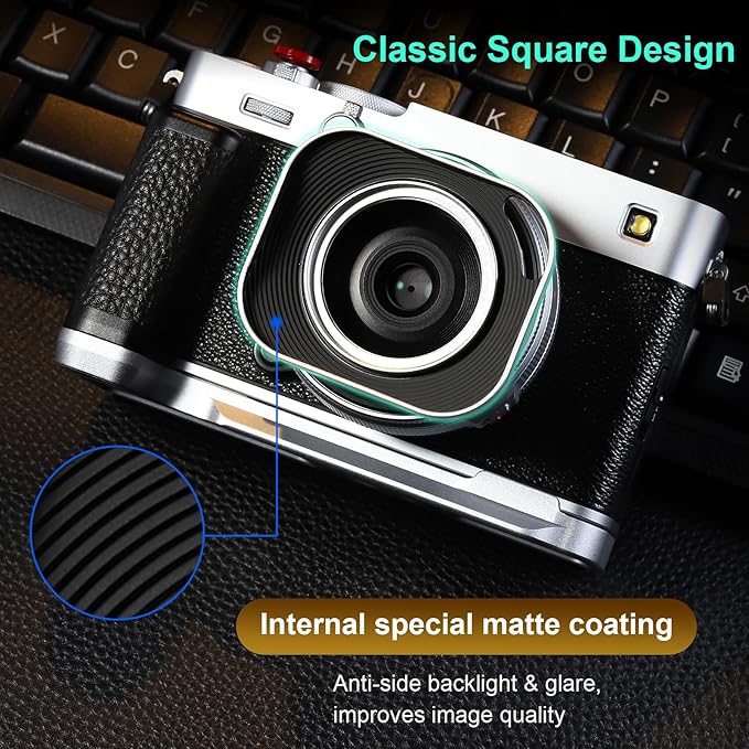 Haoge Metal Squaret Lens Hood for Fujifilm XE5 XF 23mm f2.8 Kit Fujinon XF27mmF2.8 R WR Lense Hood Silver with 39mm E39 Filter Thread,Screw-in Lens Hood with Hollow Out Designed