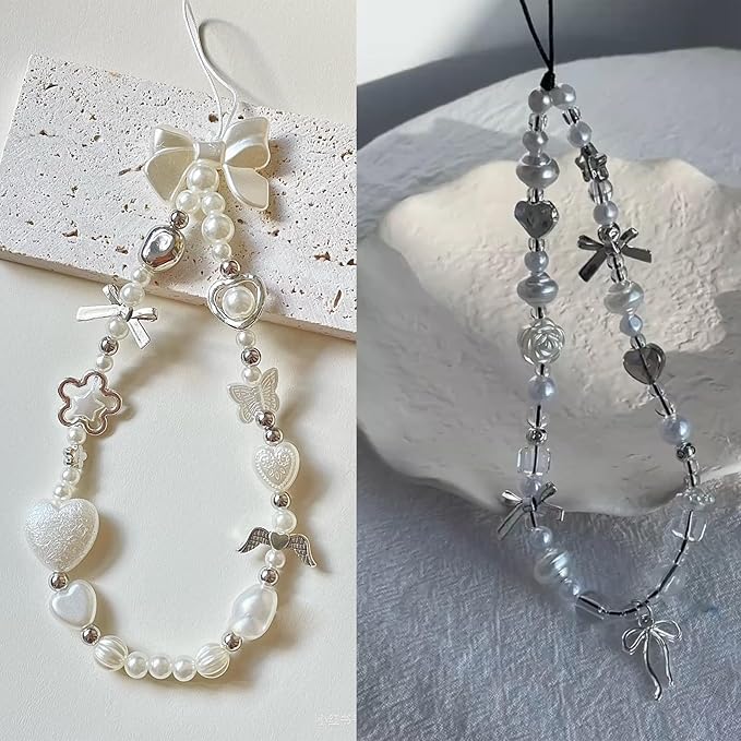 2 Pcs Phone Charm Strap Hand for iPhone Wrist Strap Camera Lanyard Pearl Beaded Cute Chain String Accessories Universal for iPhone 17 Pro 16 15 Samsung Women Girls Keychain Pearl Heart and Butterfly