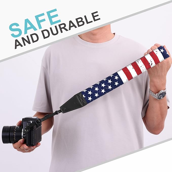 Padwa Lifestyle American Flag Print Camera Strap - 2" Full Grain Leather Ends, Vintage Flag Pattern Camera Straps for Photographers, Soft Chamois Velvet Padded Strap Quick Release fits All Cameras
