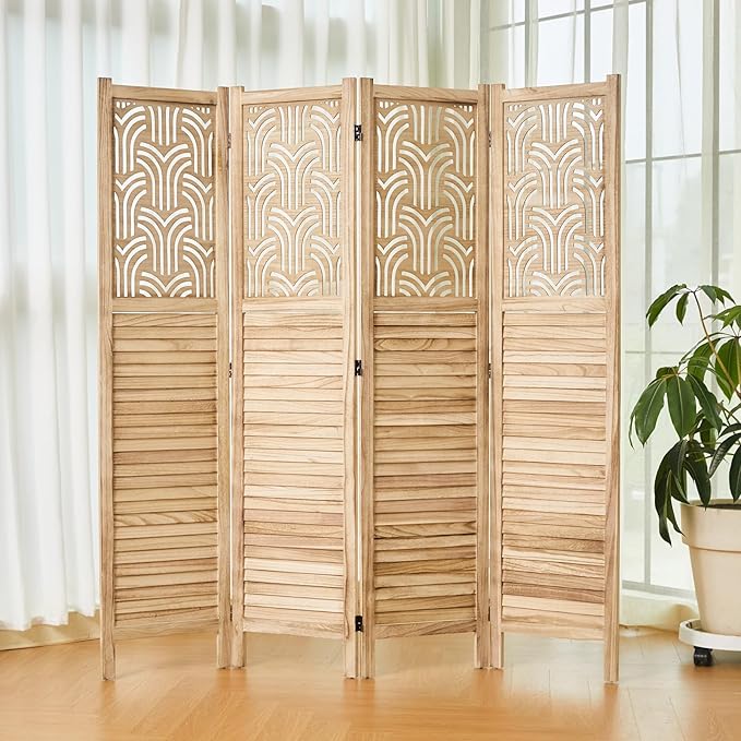 Folding Room Divider, 66.9 Inch 4 Panels Wood Carved Privacy Screens, Free Assembled Freestanding Portable Separation Wall for Home Office Bedroom (Natural)