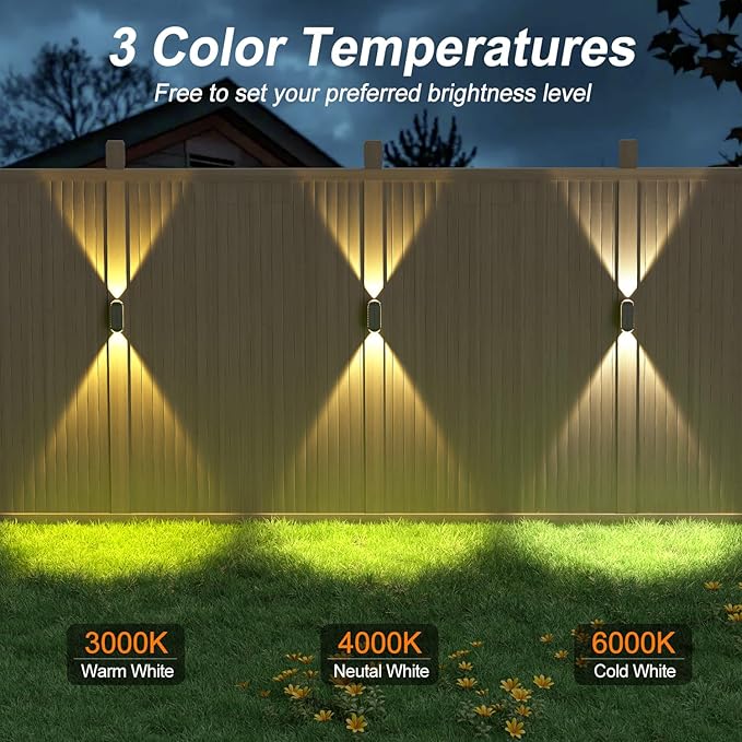 Ellasay Solar Fence Lightsv Backyark: 12-Pack Fence Lights Solar Powered 3 Color Modes - Up & Down LED Waterproof Solar Wall Lights for Outdoor Yard/Porch/Patio/Railing