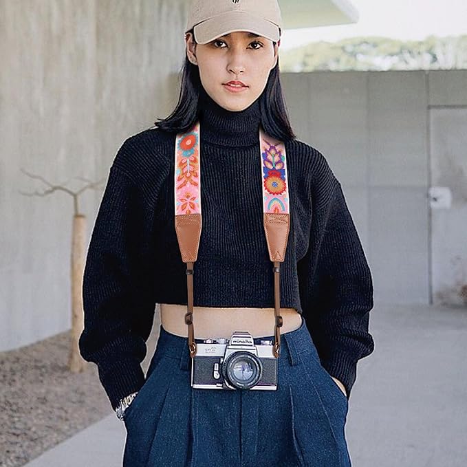 Padwa Lifestyle Colorful Knit Camera Strap - 2" Full Grain Leather Ends Camera Straps for Photographers, Vintage Embroidered Cotton Soft Suede Fabric Padded Strap Quick Release fits All Cameras