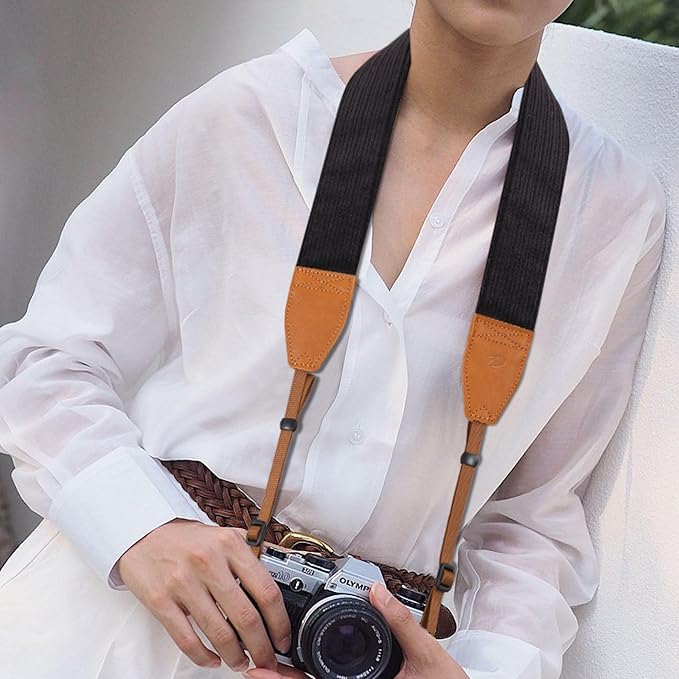 Padwa Lifestyle Black Corduroy Camera Strap - 2" Double Layer Full Grain Cowhide Leather Head Camera Straps for Photographers, Unique Soft Corduroy Fabric with Quick Release fits all Cameras