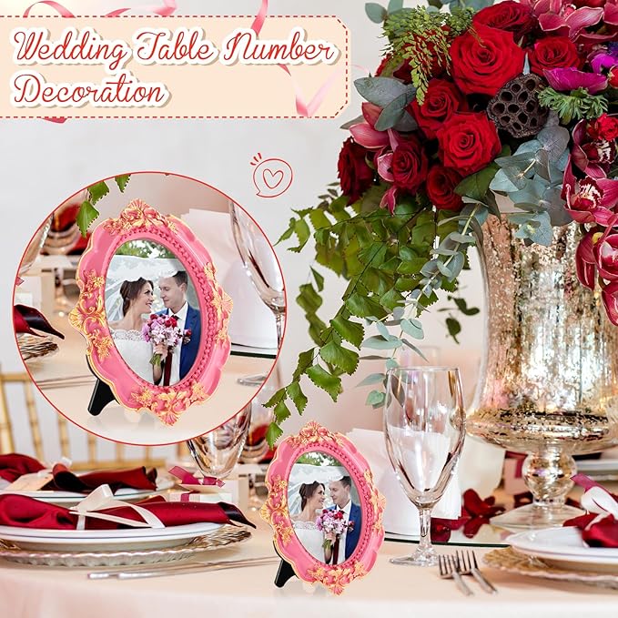 Maitys 5 Pcs Mini Picture Vintage Frames with Stands Tiny Antique Photo Baroque Ornate Resin Oval Frame Table Top Display Home Wedding Decor (Pink Gold)