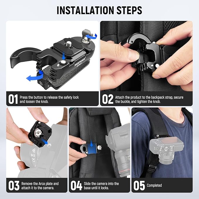 NEEWER Backpack Camera Clip Mount with Square QR Plate, Upgraded Safety Latch, Quick Release Camera Belt Clip Backpack Strap Compatible with PD QR System Canon Nikon Sony DSLRs, GP67