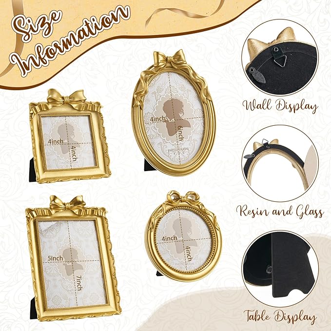 4 Pcs Vintage Picture Frames 5x7 4x6 4x4 inch Baroque Gold Resin Photo Frames with Glass Front Ornate Wall Hanging and Tabletop Display for Retro Home Decoration Wedding Gallery Hotel(Bowknot)