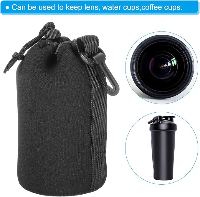 Patikil 3 Pcs 3.7" x 7.1" Drawstring Lens Pouch with Thick Protective Neoprene, DSLR Camera Lens Case for Water, Coffee Cups - Black