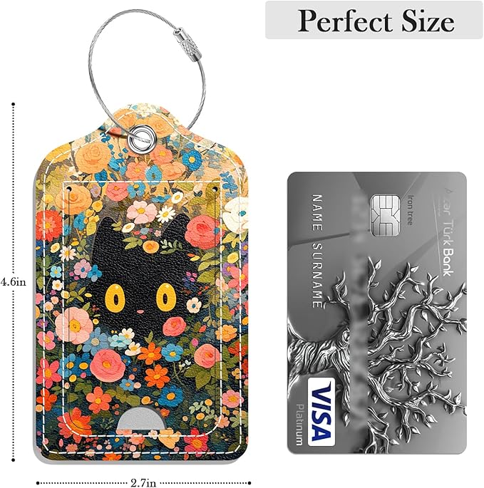 Luggage Tags for Suitcase, 2 Pack PU Leather Travel Cruise Luggage Tag with Privacy Flap, Name ID Label and Metal Loop for Women Men Girls Suitcase Baggage Bag Backpack, Kitten Flowers