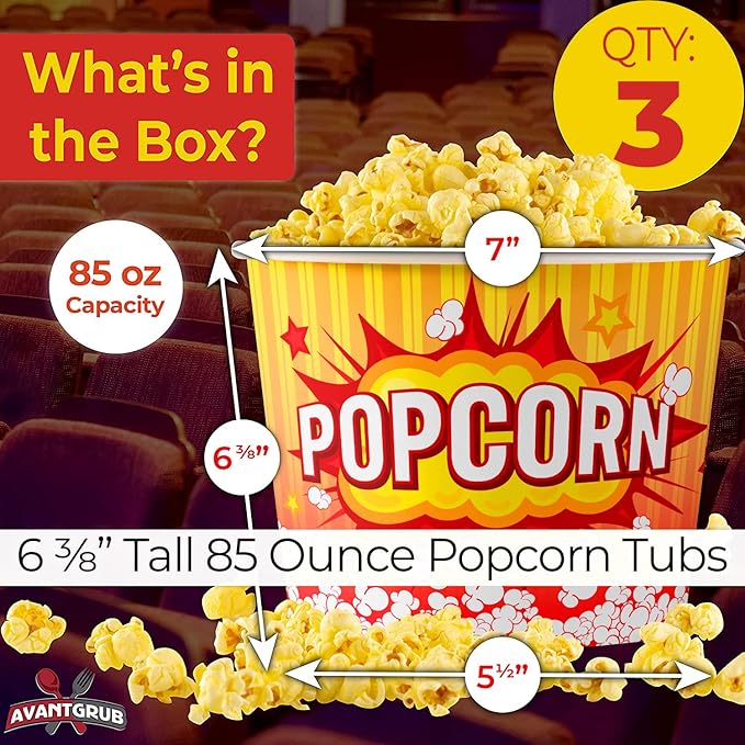 Greaseproof, Retro 85oz Popcorn Buckets 3 Pack. Durable Pop Corn Tubs in Red and Yellow. Large Disposable Leak-Free Containers Perfect For Movie Night, Theme Party, Theater, Carnivals & Fundraisers