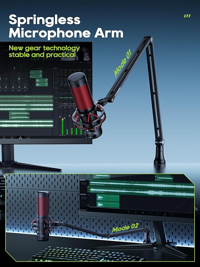 Mic Arm, Boom Arm 360° Rotatable Microphone Stand with Desk Mount, Foldable Desk Mic Arm with 3/8'' to 5/8'' Screw Adapter, Microphone Arm for Live Streaming, Gaming, Podcasting (M01)