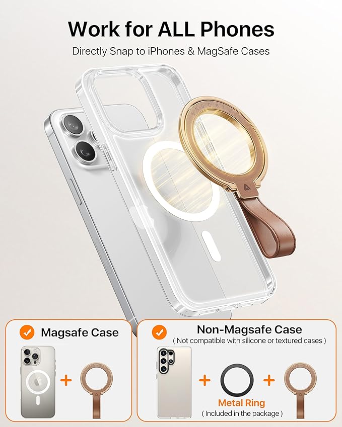 andobil [2025 Premium Leather] Magnetic Phone Grip for MagSafe [Longest Durable] Adjustable Phone Ring Kickstand with Leather Loop Compatible with MagSafe Accessories&iPhone 17 Air 16 15 14 13 Pro Max