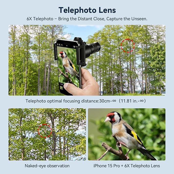 APEXEL 2-in-1 Telephoto Lens & 150mm Macro Lens for | 6X Telephoto and Macro Lens Kit with Universal Clip | Compatible with 16/15/14/13 Pro/Max, Samsung and Android Smartphones