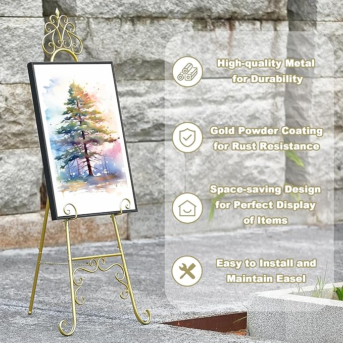Metal Easel Stand for Sign with Chain Support, Gold Extra Large Scroll Floor Standing Easel for Display Wedding Sign Picture Frame Mirror, 59" H × 22" L × 20" W