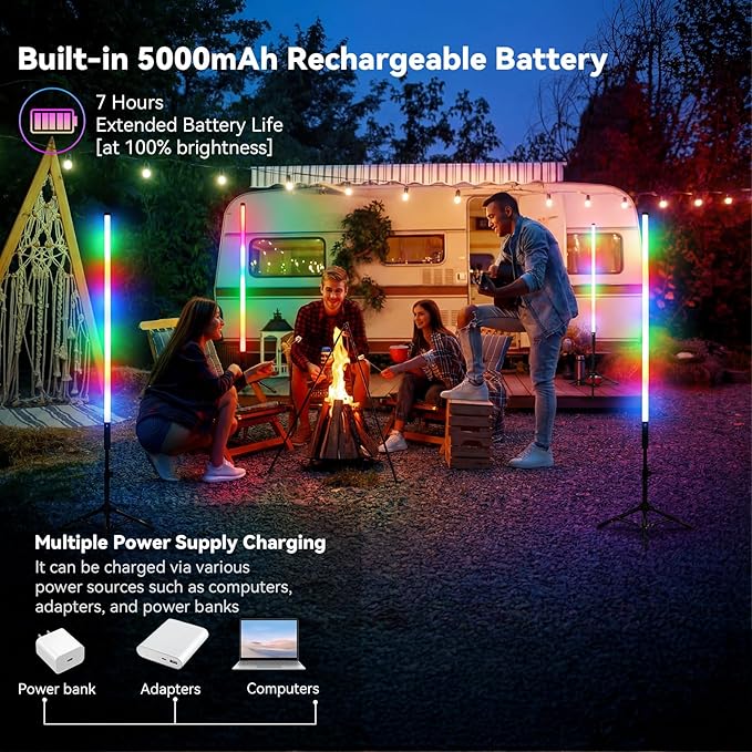 2 Pack 3ft RGB Tube Light Portable 5000mAh Battery Powered LED Light Stick with Stand, Music Sync, Ambient Lighting for Video Studio Photography DJ Bar Stage Club Party Wedding Gaming Rooms