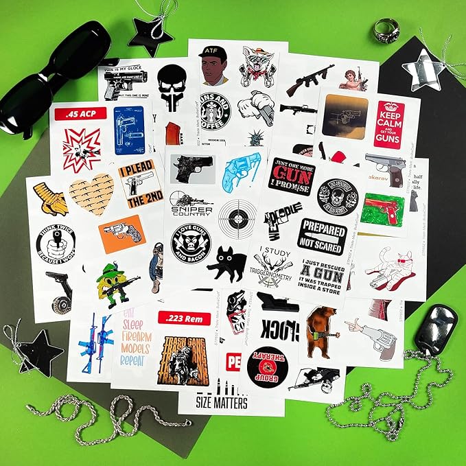 BulbaCraft 100Pcs Funny Gun Stickers, Firearm Stickers, Guns and Ammo Decals, Tactical Military Army Laptop Decals, Gifts for Women & Men