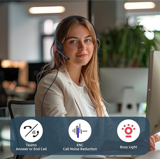 VoicePro 80 Office Wired Computer Headset with Teams Focus Busy Light | Noise Canceling Microphone | in-line Call Control | Compatible With All Call Platforms | USB-A and USB-C for PC and Cell Phone