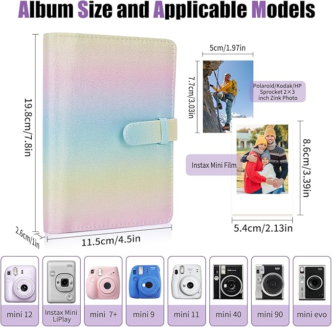 Riosin 108 Pockets Mini Album Compatible with Fujifilm Instax Mini film, Suitable for Instax Mini 12/11/7+/9/Evo/Link 2, 2x3" Photo Album for Canon ivy 2 Kpop Photocard (Shining Rainbow)