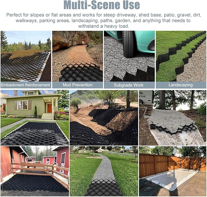 Heavy Duty Gravel Stabilizer Grid for Driveways & Retaining Walls, Foldable Honeycomb Geocell System, 10m x 6m (33ft x 19.5ft) Ground Grid for Slope & Yard