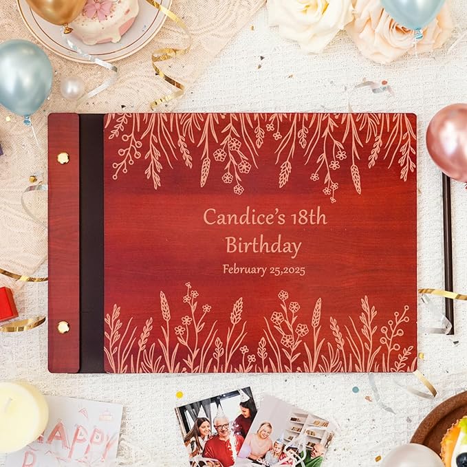 Personalized Birthday Photo Album - Wooden Birthday Guest Book，Memory Book Scrapbook for Kids Adults, Vintage Book Keepsake for Party, Unique Gift