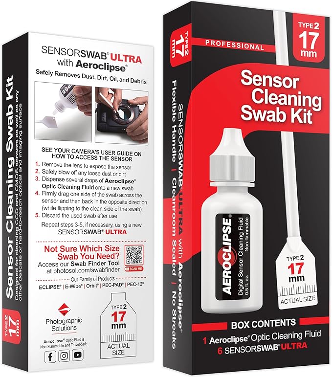 Sensor Cleaning Swab Kit - Aeroclipse Non-Flammable Optic Cleaning Solution (0.5oz/15ml) + Type-2 Sensor Swab Ultra 17mm (Pack of 6) - for APS-C CMOS and CCD Sensors - Dust & Oil Remover