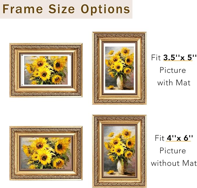 4x6 Vintage Picture Frame with 3.5x5 Mat Set of 2, Elegant Retro 4 by 6 Photo Frame with Shatter-Resistant Plexiglass for Wall or Tabletop Display, Gallery Decor & Gift, Gold, 2 Pack