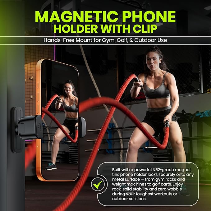 Magnetic Phone Holder for Gym with N52 Magnet and Secure Clip, Strong Magnetic Phone Mount for All Phones, Attaches to Metal Surfaces, Portable Gym Accessories for Men & Women, Secure Grip