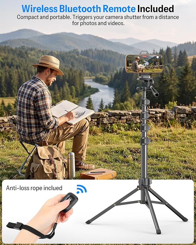 OMOTON TS01 65" Magnetic Phone Tripod for iPhone & Camera, Cell Phone Stand with Remote, Stable Height Adjustable Multi-Angle Shot Selfie Stick Tripod for Video Recording, Live Streaming, Black Set