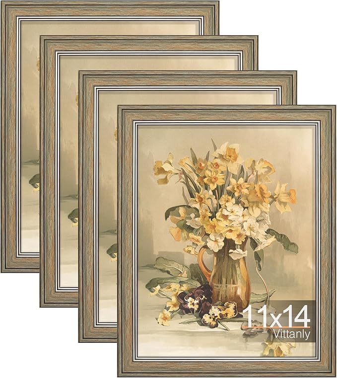 Vittanly 11x14 Picture Frame Set of 4, Vintage Photo Frame for Wall Mount, Display 8x10 Pictures with Mat or 11x14 without Mat, Rustic Farmhouse Home Decor, Vintage Green