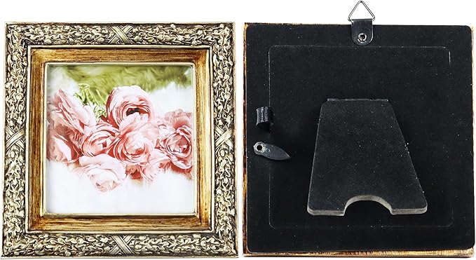 Hymmah 3 * 3inch Mini Wallet Picture Frame Vintage Photo Frame Ornate Textured Hand-Crafted Resin Frame with Easel&Hook for Tabletop&Wall Display,Photo Gallery,Art