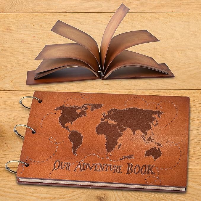 Adventure Book 3D Wooden Cover Scrapbook Photo Album 11.92 x 7.62"Timeless Memory Journal for Unforgettable Adventures&Precious Moments-Ideal for Anniversaries,Travel & Couple Gifts (3D Map Style)