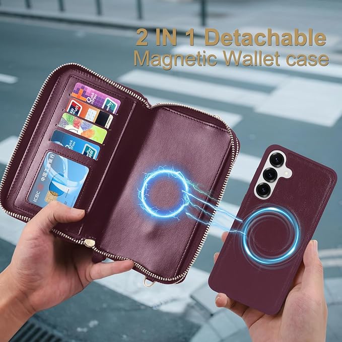 Harryshell Compatible with Samsung Galaxy S26 Ultra Case Wallet Multi Zipper Detachable Removable Cover Purse with Card Slots Holder Mirror Crossbody Strap (Compatible with Magsafe-Burgundy)