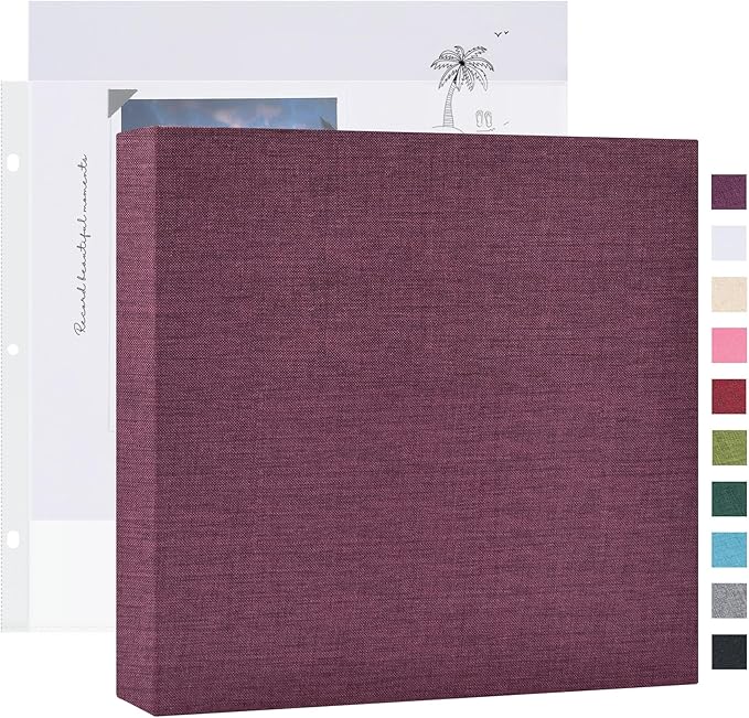 Mublalbum 8x8 Inch Small 3 Ring DIY Scrapbook Photo Album with 20 Plastic Sleeves 40 Pages Linen Cover Folder Binder for Baby Travel Wedding Anniversary and DIY Projects (Purple)