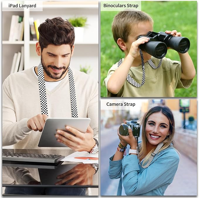 Nylon iPad Strap, Adjustable Camera Neck Strap, Comfortable Shoulder Strap for iPad, Cellphone Tablet, Camera, Laptop, Binocular, Luggage Bag (Black and White Checkered Universal Neck Lanyard)